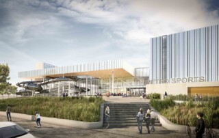 An architects illustration of the entry into the Parakiore Recreation and Sport Centre