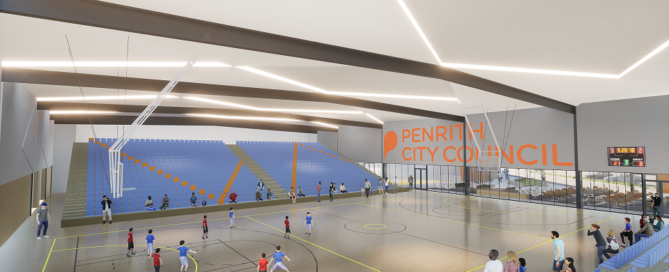 An architects illustration of an indoor basketball court